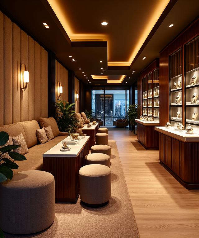 The luxurious and welcoming interior of the Meridian Timepiece boutique lounge.