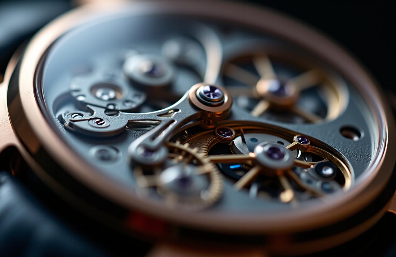 Detailed macro shot of a luxury watch escapement mechanism.