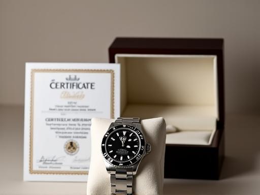 A certified pre-owned watch with its official certificate and box.