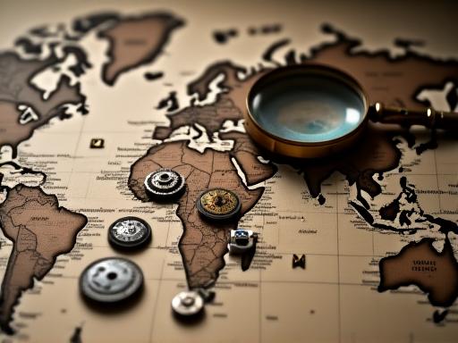 A vintage world map with watch parts laid over it.
