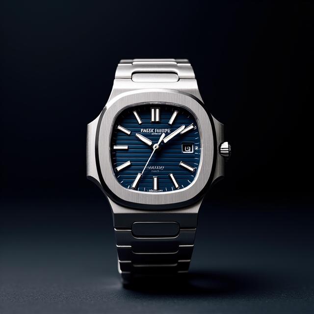 A steel Patek Philippe Nautilus watch on a dark background.